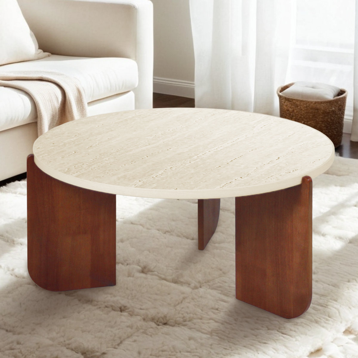 Ivy Bronx Elegant Round Travertine Texture Coffee Table – 30” Stone ...